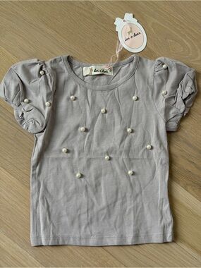Girls' Pearl Detail Puff Sleeve Tee - Dove Gray